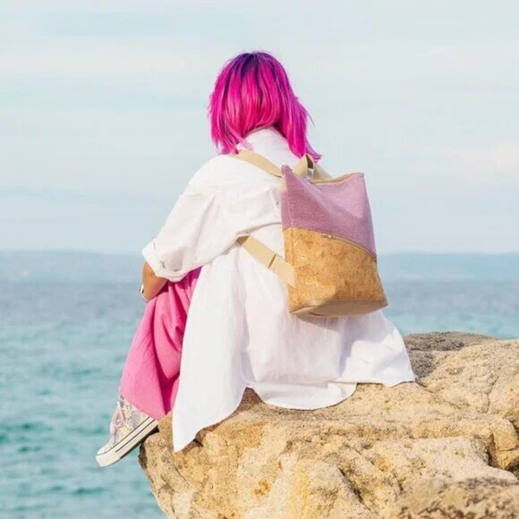 HANDMADE Noas Berlin Purple Lilac Corduroy / Natural Gold Beige Cork Backpack - Picture 7 of 8